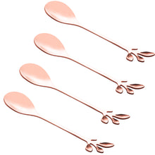 Load image into Gallery viewer, Set of 4 Rose Gold Leaves Coffee & Dessert Spoons – 12 cm