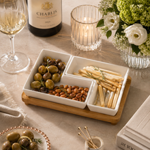 Load image into Gallery viewer, White Porcelain Appetiser Set with Wooden Serving Board – 23 × 15 × 5 cm