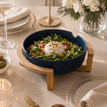 Load image into Gallery viewer, Blue Porcelain Serving Bowl with Wooden Support – 26 × 22 × 11 cm