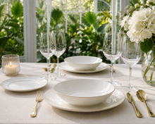 Load image into Gallery viewer, 18-Piece White Porcelain Dinner Set with Gold Rim Metropolis | Elegant Tableware for 6.