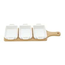Load image into Gallery viewer, Set of 3 Porcelain Appetizer dishes with bamboo board 36x15x4cm.