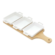 Load image into Gallery viewer, Set of 3 Porcelain Appetizer dishes with bamboo board 36x15x4cm.