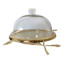 Lade das Bild in den Galerie-Viewer, Elevated Gold Leaf Cake Plate With Glass Dome.