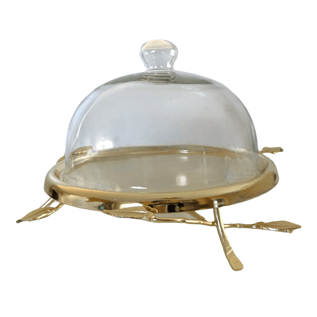 Elevated Gold Leaf Cake Plate With Glass Dome
