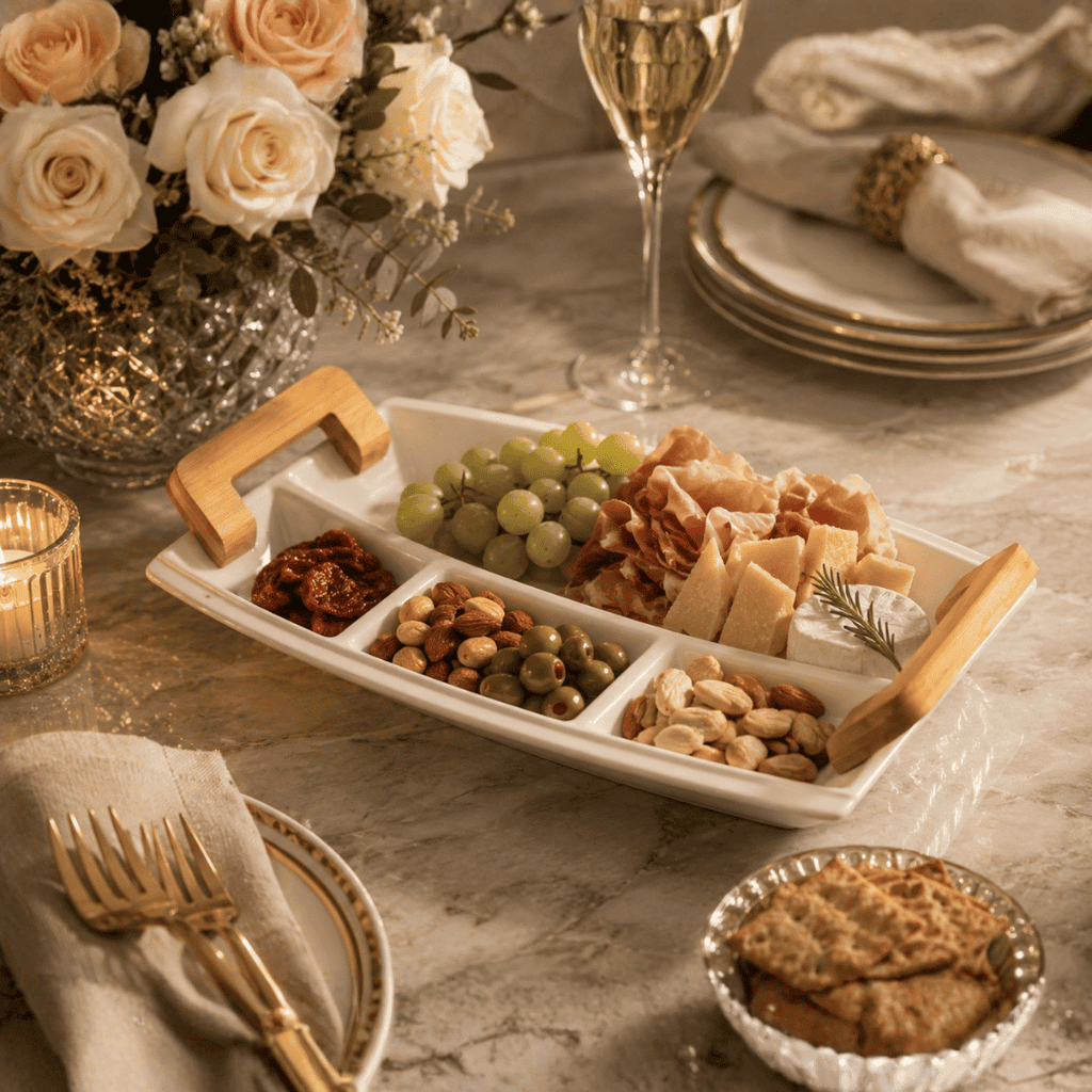 White Porcelain Appetiser Serving Dish with Wooden Handles – 37 × 22 cm | House Art