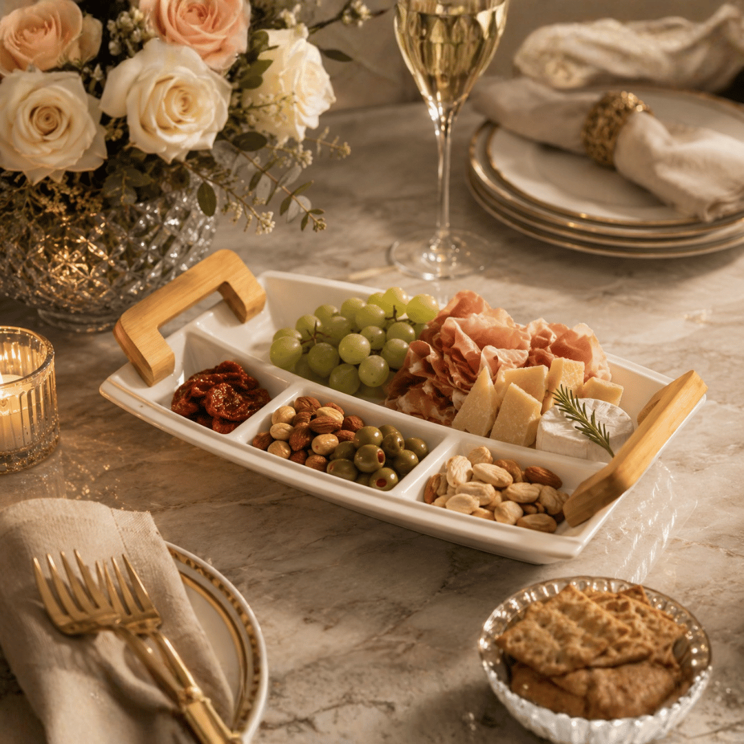 White Porcelain Appetiser Serving Dish with Wooden Handles – 37 × 22 cm | House Art
