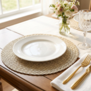 Set of 4 Round Woven Placemats 38cm – Light Green/Beige – image 6 | House Art