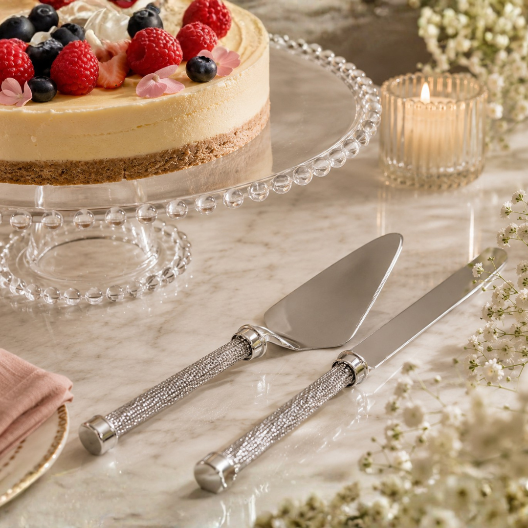 Silver Crystal Handle Cake Serving Set – 2 Piece, 32 cm