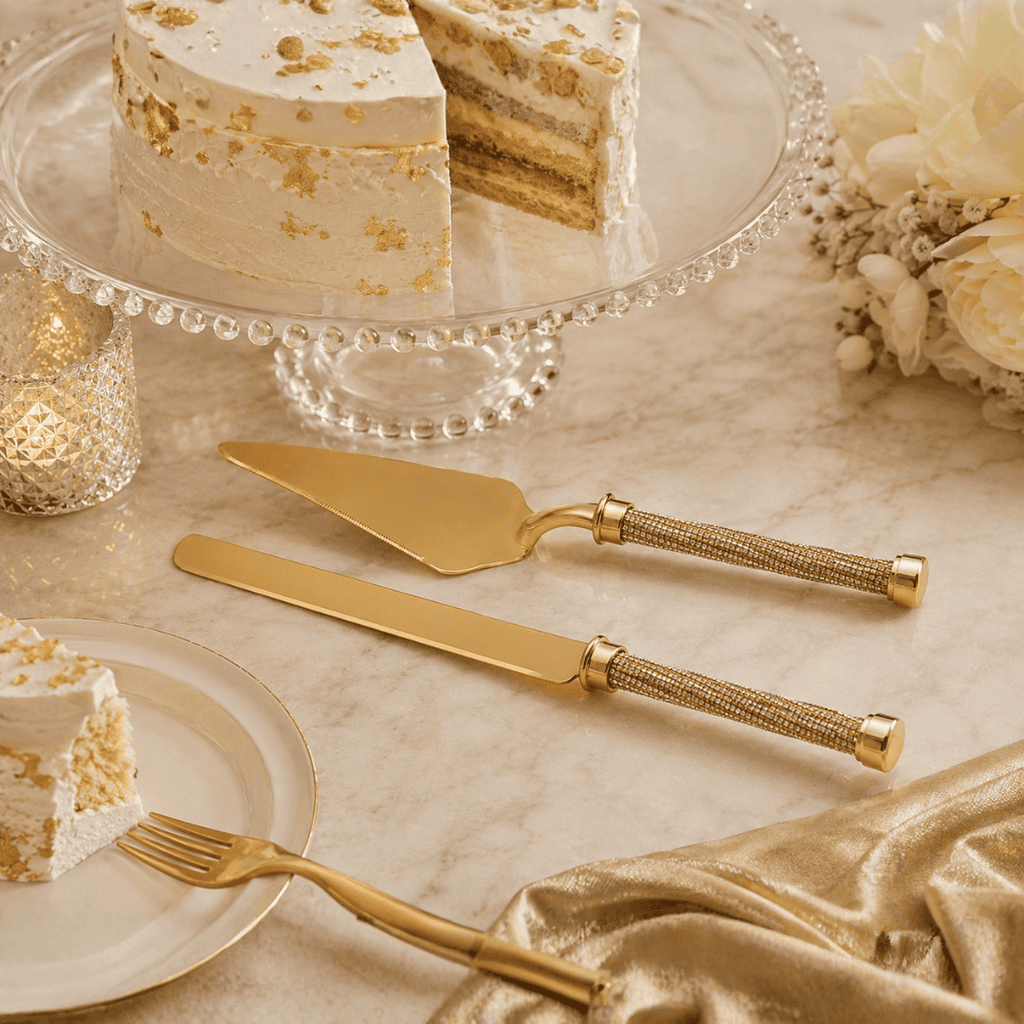 Golden Shimmer Handle Cake Serving Set – 2 Piece, 32 cm | House Art