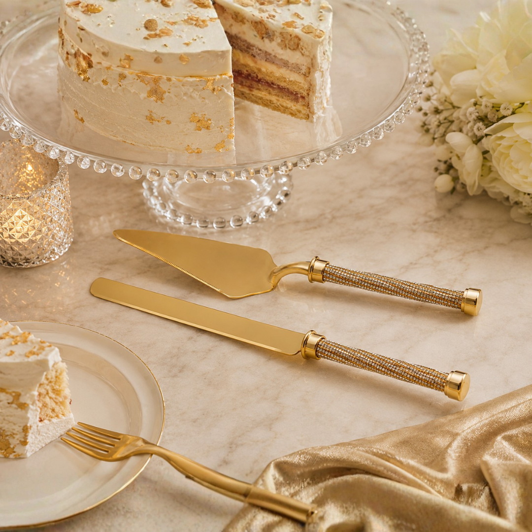 Golden Shimmer Handle Cake Serving Set – 2 Piece, 32 cm | House Art