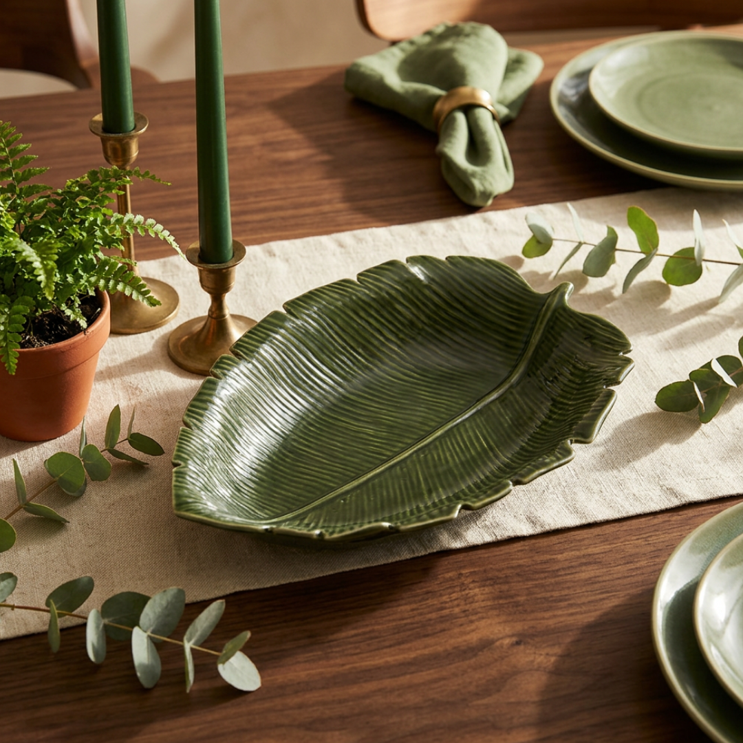 Grande assiette de service en céramique feuille de bananier
