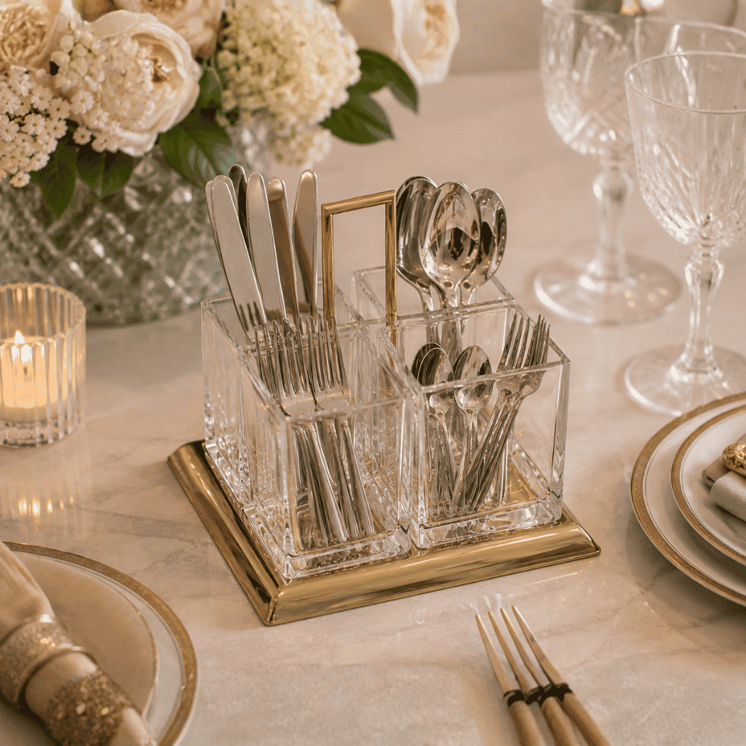 Torcello Golden Steel Cutlery Holder 24X22cm | House Art