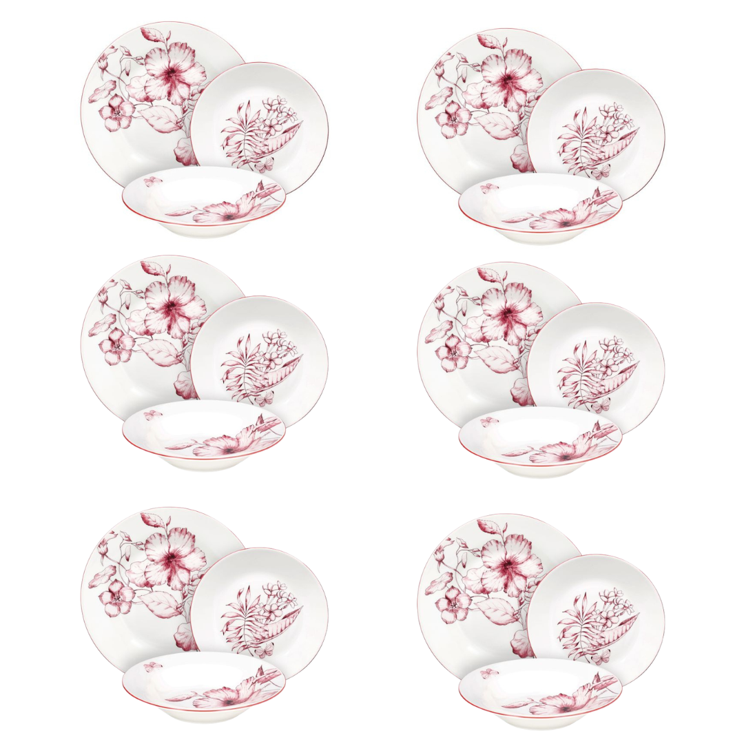 Atollo Colibri 18-Piece Red Floral Porcelain Dinner Set for 6 | Elegant Botanical Tableware