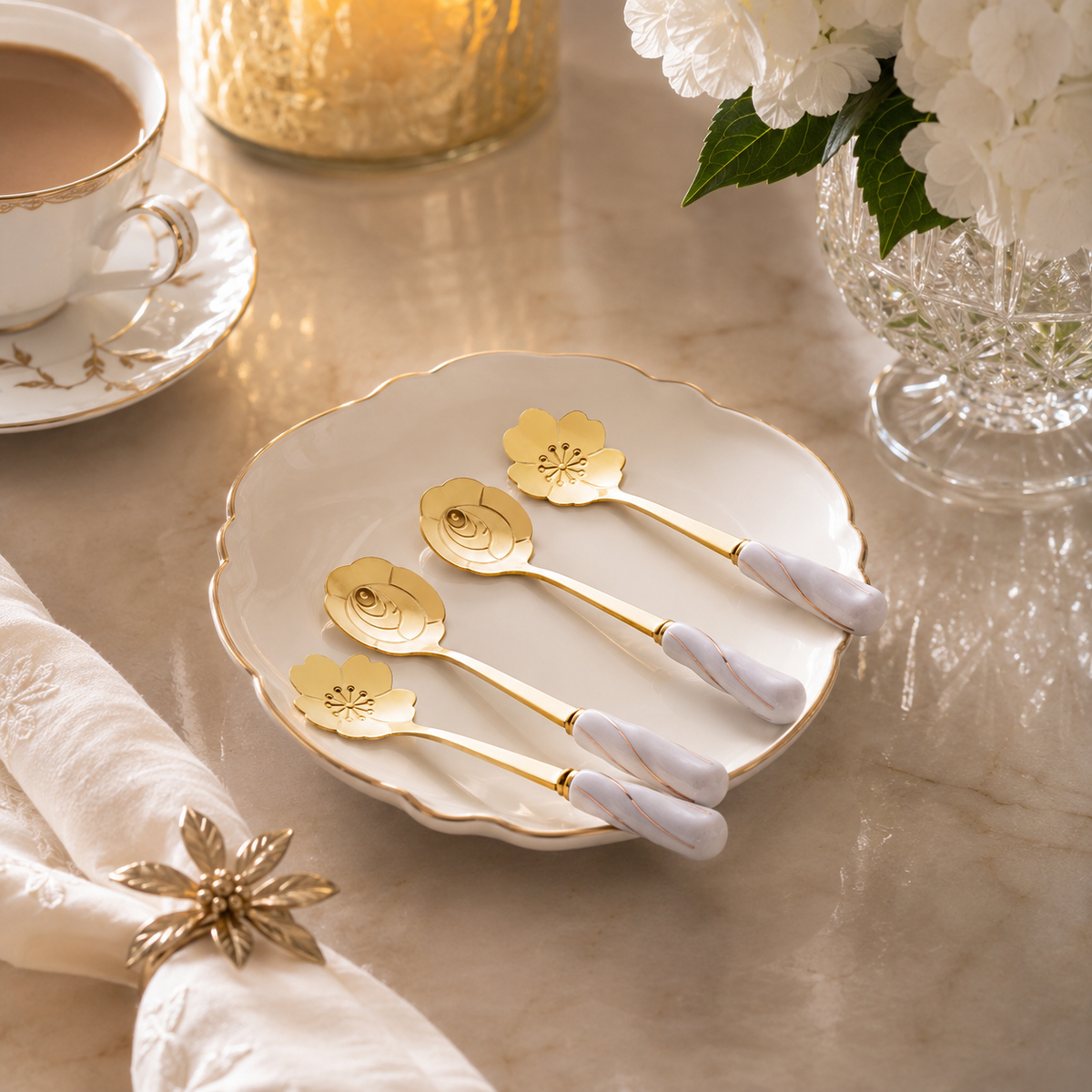 Set of 4 Gold Marble Effect Dessert & Tea Spoons 12 × 2.8 cm