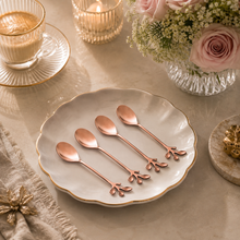 Load image into Gallery viewer, Set of 4 Rose Gold Leaves Coffee &amp; Dessert Spoons – 12 cm
