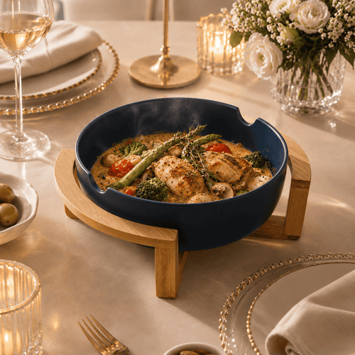 Blue Porcelain Serving Bowl with Wooden Support – 26 × 22 × 11 cm | House Art
