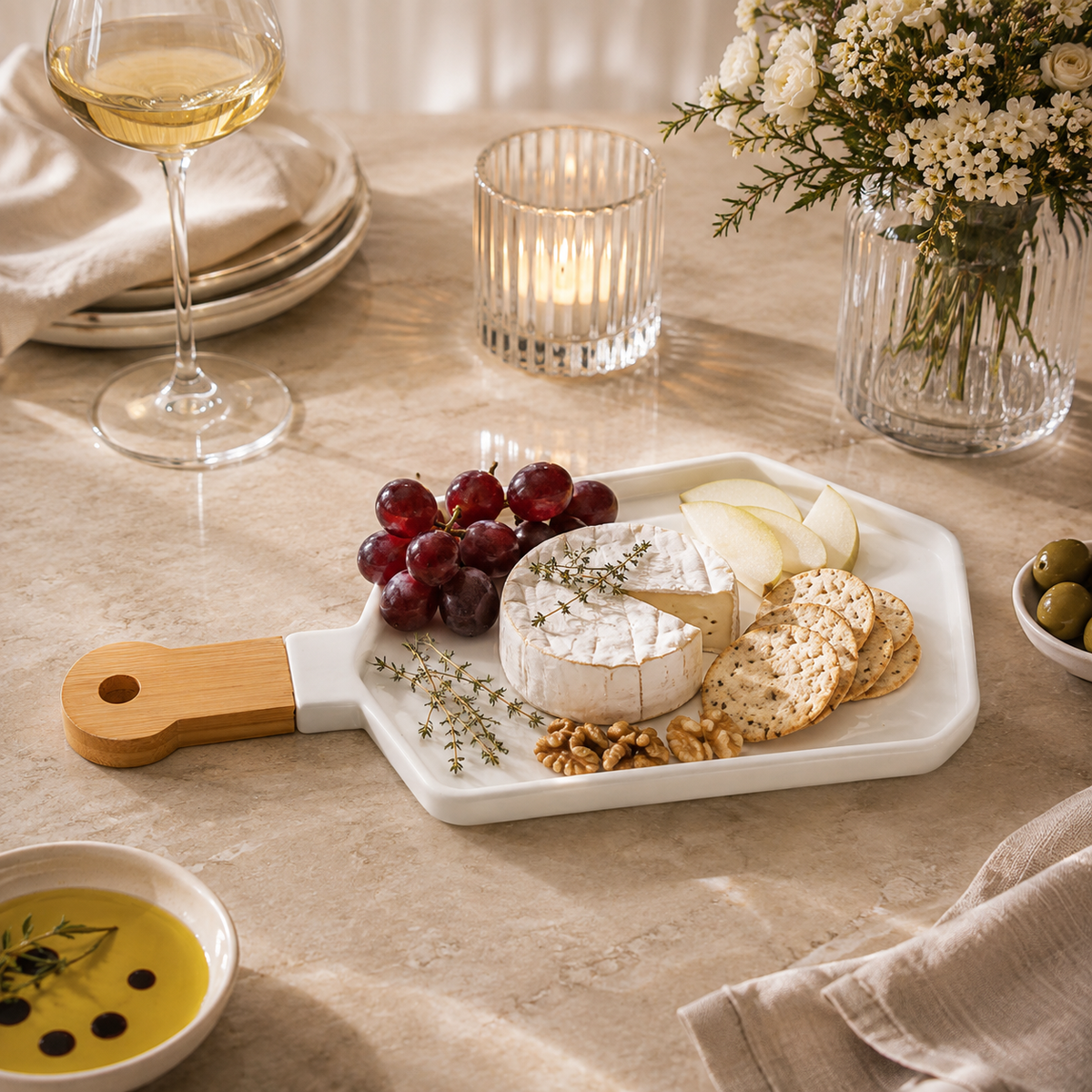 White Porcelain Appetiser Board with Wooden Handle – 34.8 × 15.8 cm | House Art