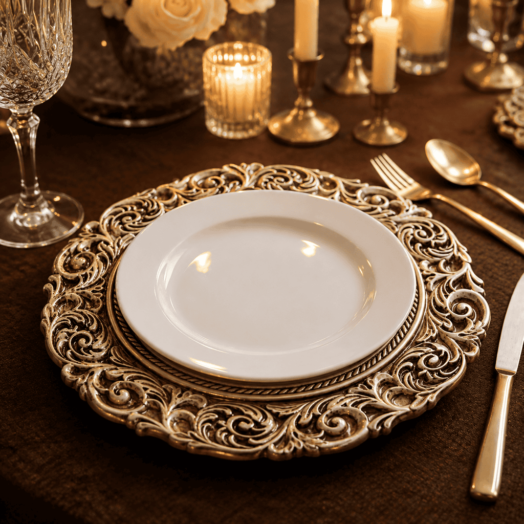 Set of 4 Ornate Cream & Brown Sous-Plats – 36 cm | House Art