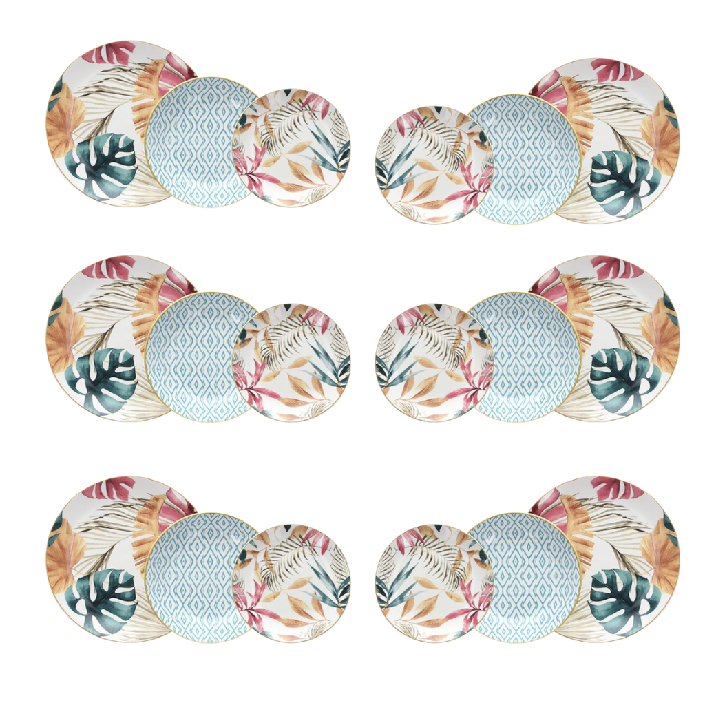 MADISON TROPICAL ROSE 18-Piece Tropical Porcelain Dinner Set for 6 | Luxury Botanical Tableware.