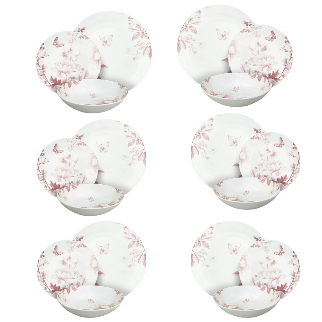 Moon Vie En Rose 18-Piece Pink Floral Porcelain Dinner Set for 6 | Elegant Romantic Tableware.