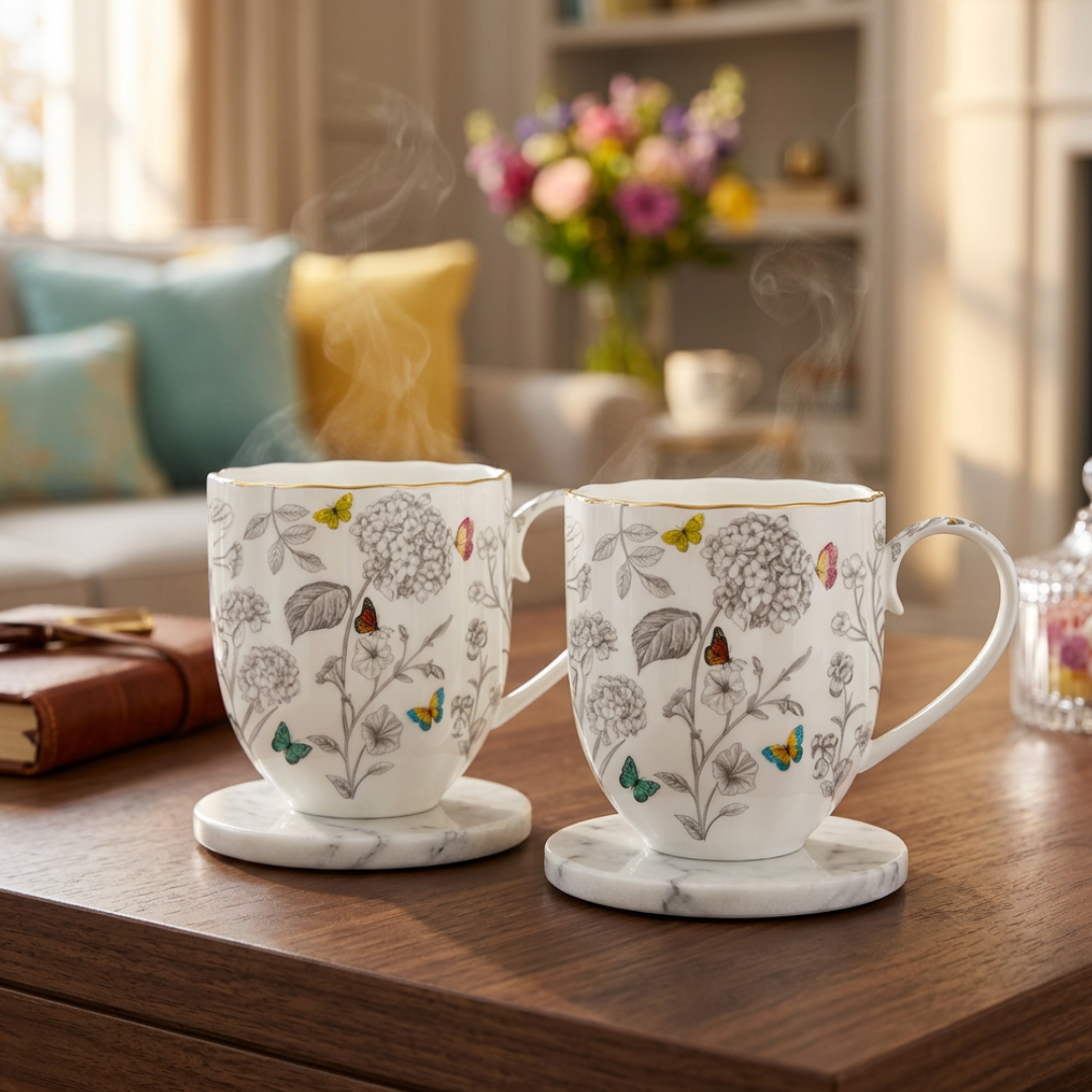 Set of 2 Mugs Flowers and Butterflies | House Art