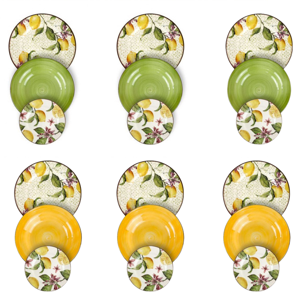 VELA ZAGARA 18-Piece Mediterranean Lemon Porcelain Stoneware Dinner Set for 6.