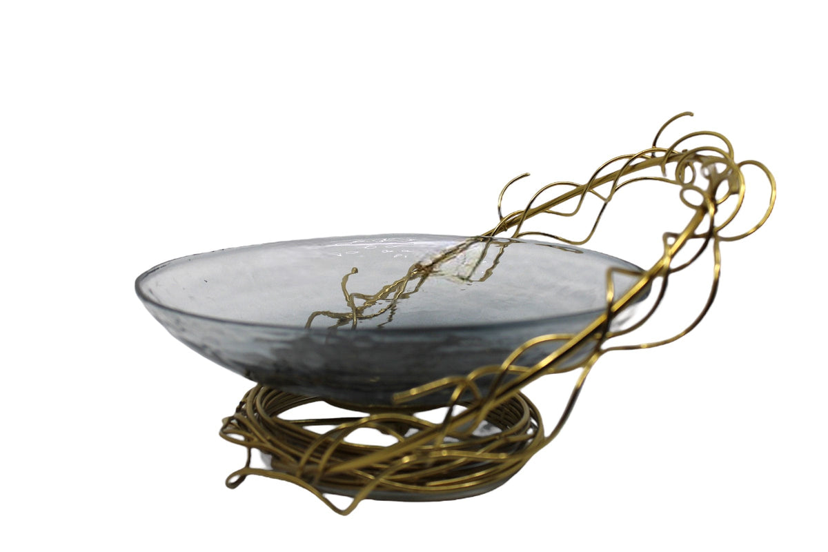 Glass Bowl With Iron Wire Stand.