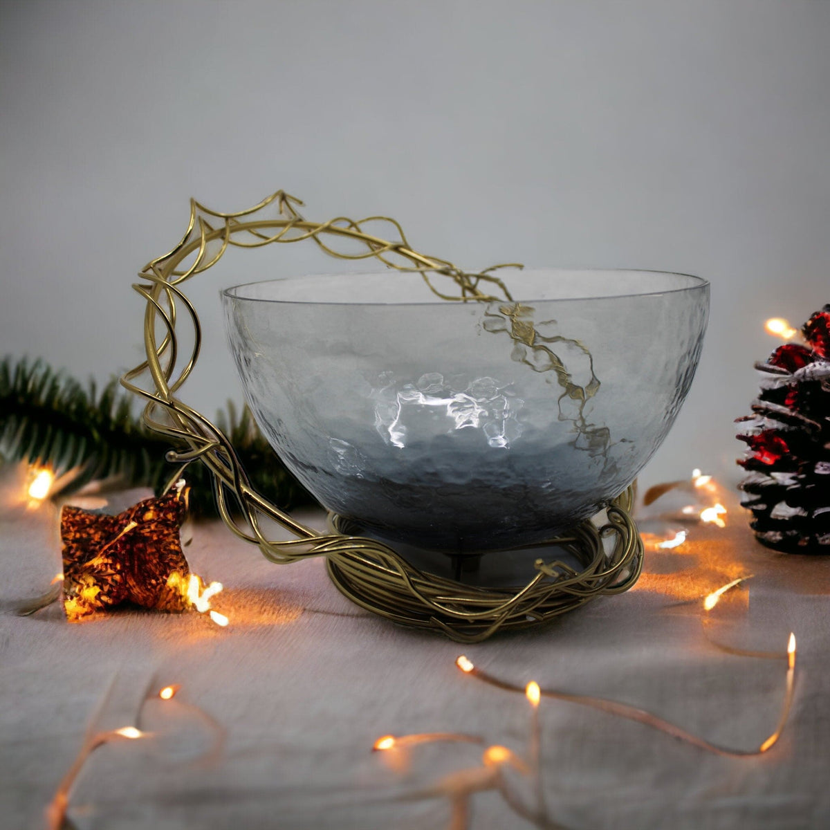 Glass Big Bowl With Iron Wire Stand.
