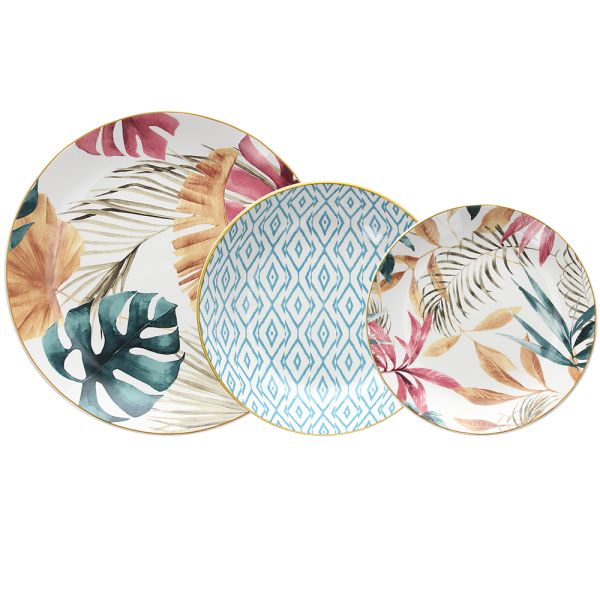 MADISON TROPICAL ROSE 18-Piece Tropical Porcelain Dinner Set for 6 | Luxury Botanical Tableware.