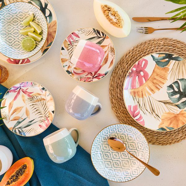 MADISON TROPICAL ROSE 18-Piece Tropical Porcelain Dinner Set for 6 | Luxury Botanical Tableware