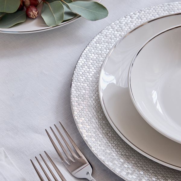 Metropolis 18-Piece White Porcelain Dinner Set with Platinum Rim | Luxury Dinnerware for 6.