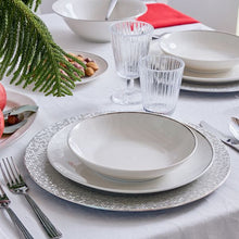 Load image into Gallery viewer, Metropolis 18-Piece White Porcelain Dinner Set with Platinum Rim | Luxury Dinnerware for 6.
