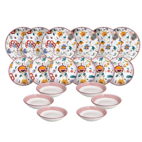 Moon Kimono 18-Piece Floral Porcelain Dinner Set for 6 | Luxury Japanese-Inspired Tableware.