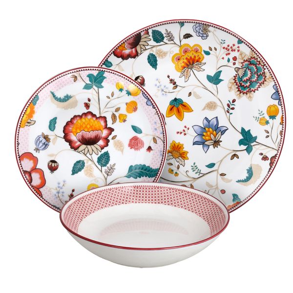 Moon Kimono 18-Piece Floral Porcelain Dinner Set for 6 | Luxury Japanese-Inspired Tableware.