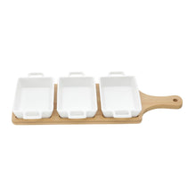 Lade das Bild in den Galerie-Viewer, Set of 3 Porcelain Appetizer dishes with bamboo board 36x15x4cm
