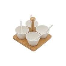 Load image into Gallery viewer, Set of 4 Porcelaine Gravy Bowls with Serving Spoons on a Bamboo Board 16x16x13cm
