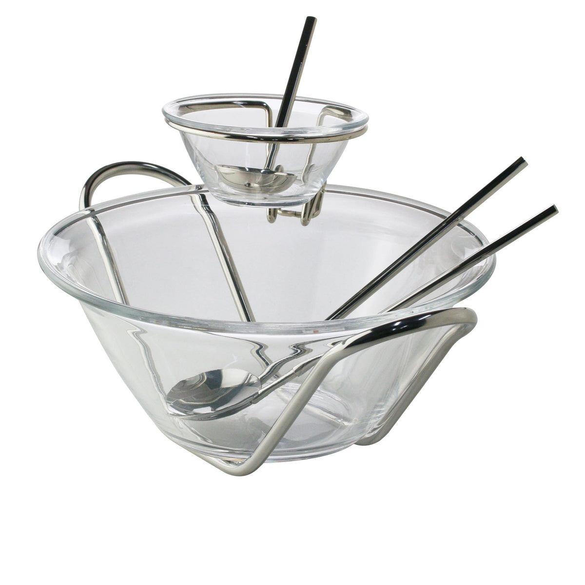 Silver Plated Crystal Salad Bowl Paired with a Sauce Cup and Serving Sets.