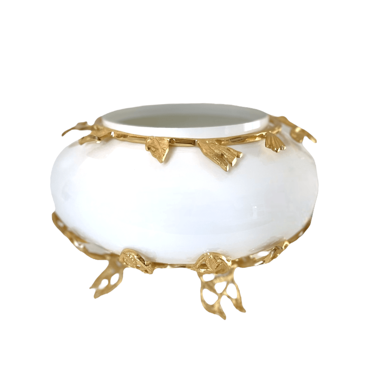 White Glass Centrepiece With Gold Leaves.