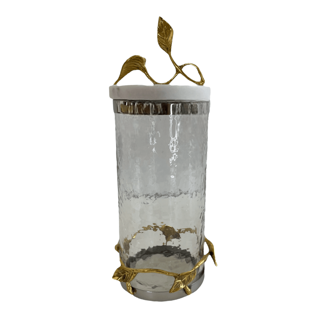 Boîte en verre avec motif feuille et couvercle en marbre