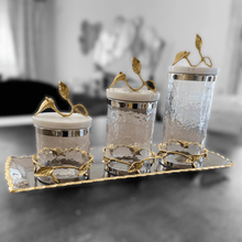 Load image into Gallery viewer, Glass Canister with Leaf Design and Marble Lid
