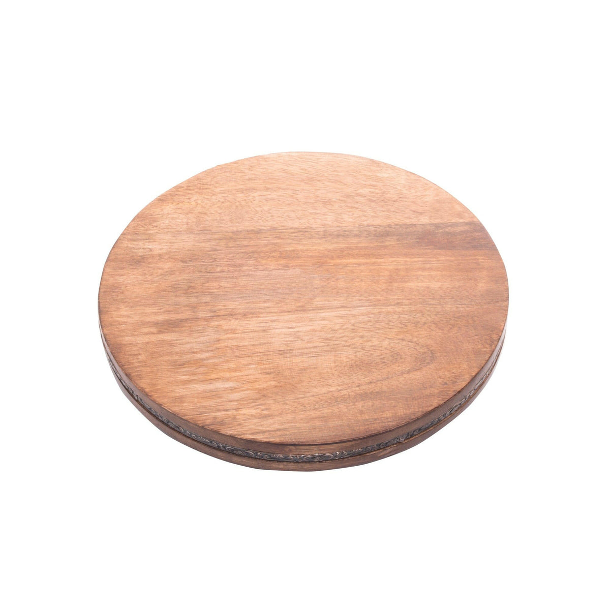 Round wooden cutting board on a white background