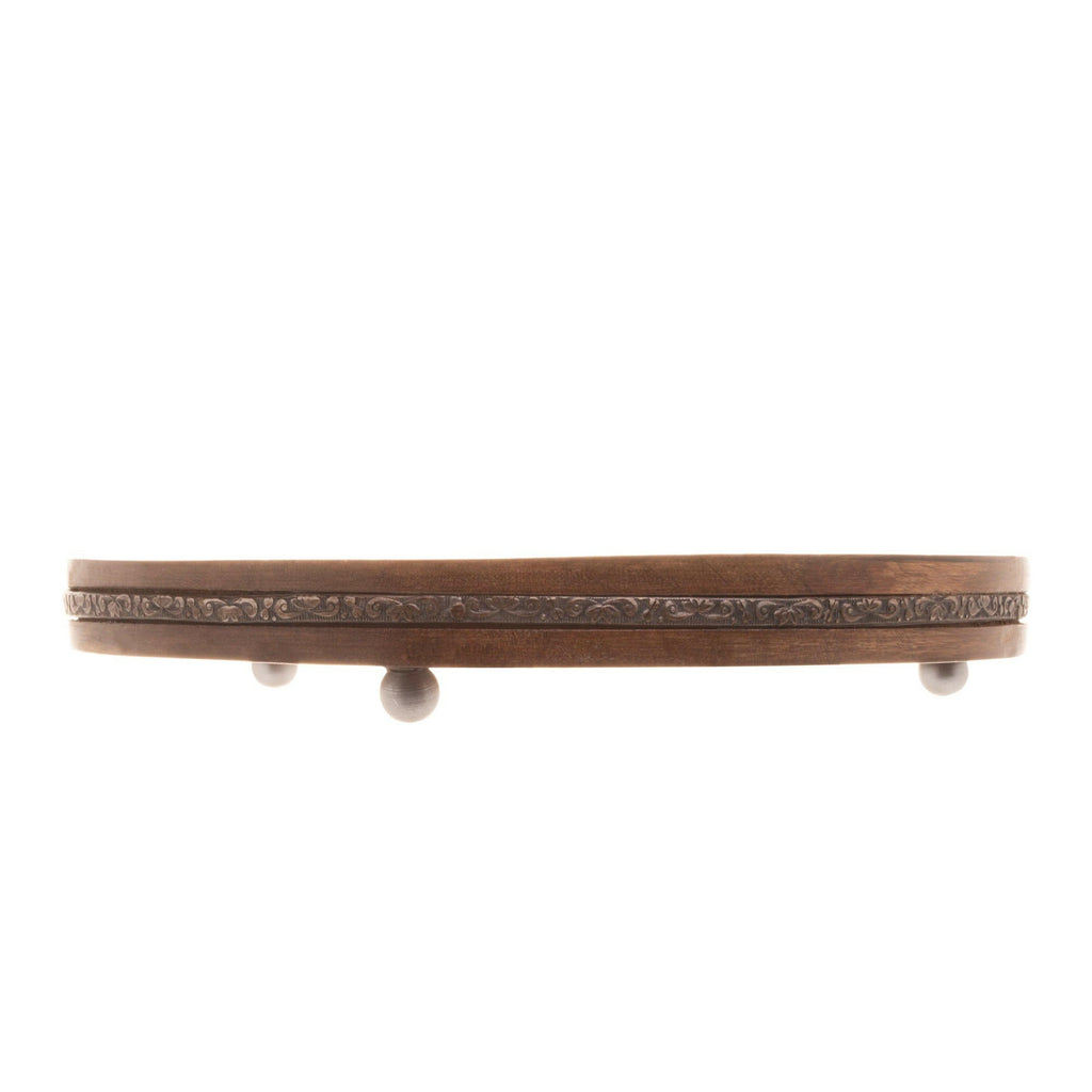 Wooden board with metal accents on a white background